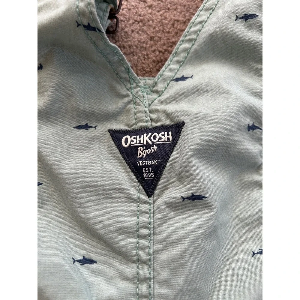 OshKosh B'gosh Toddler 2T Green Shark Print Vestbak Shortall Overalls